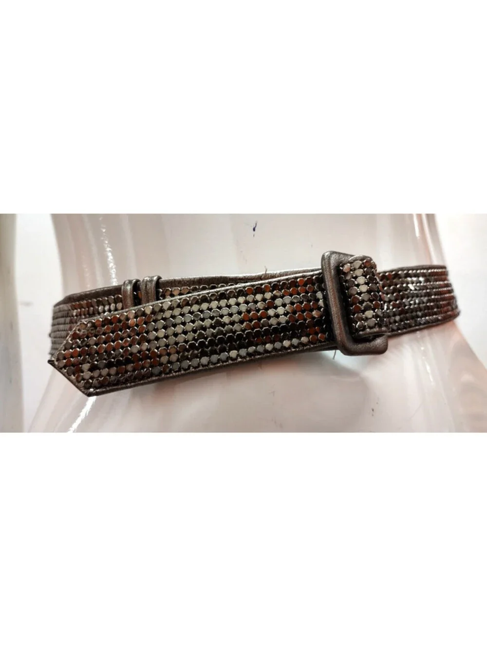 1970s Metal Mesh Olive Metallic Leather Belt Cinch Waist Small 25 / 27